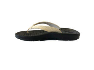 Womens Black and Cream Flip Flops Stitched Leather & Fabric Straps