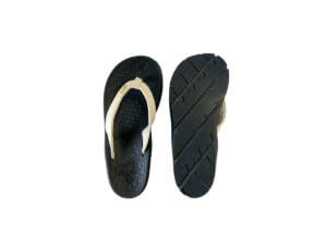 Womens Black and Cream Flip Flops Stitched Leather & Fabric Straps